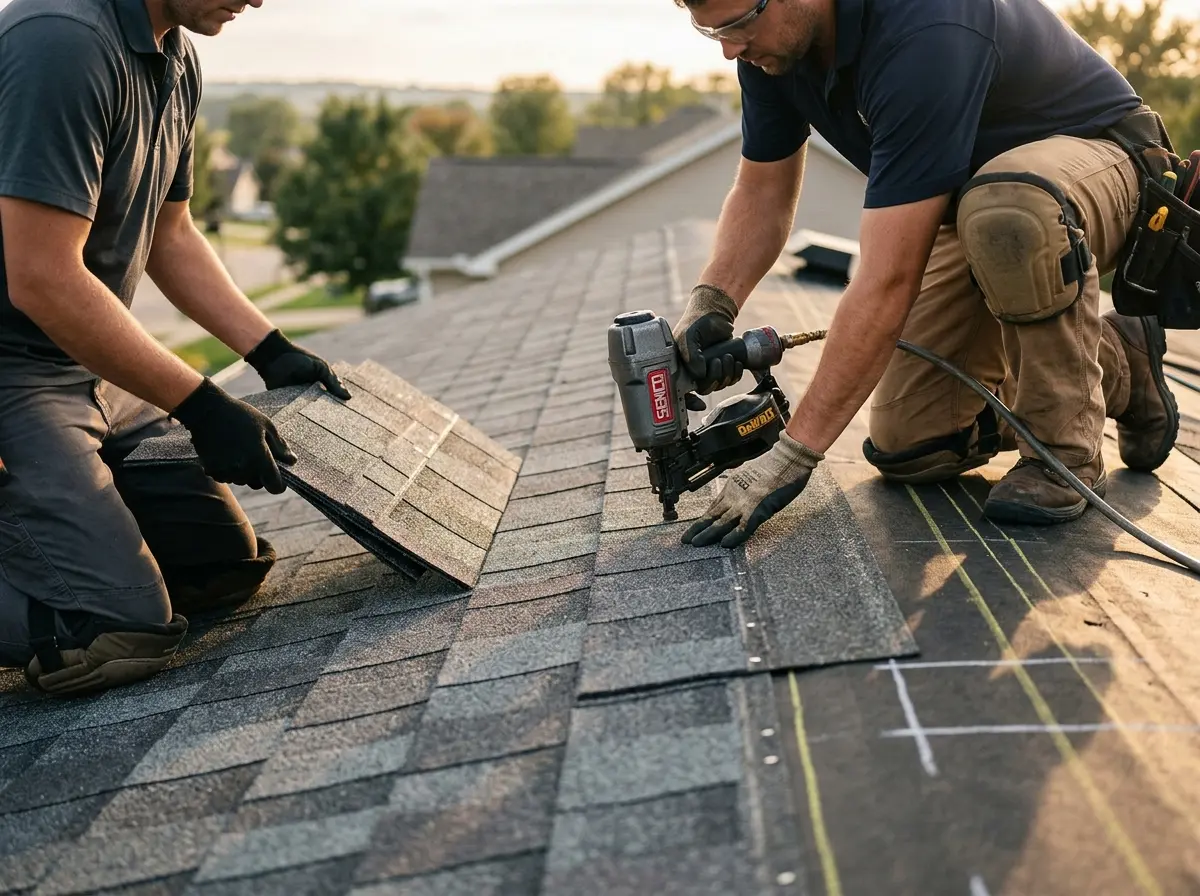 Professional roofer working on a residential roof in Winthrop Town